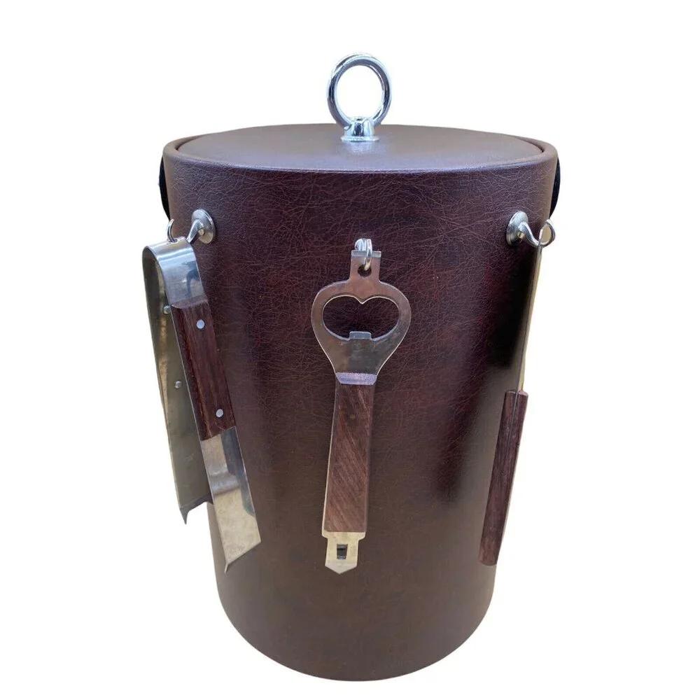 Vintage MCM Ice Bucket Brown Leather Vinyl With Handle And Bar Tools Mid Century
